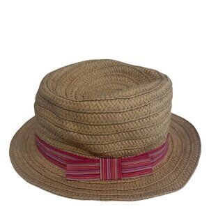 Target Brand Womens Sun Hat Beige Straw Pink Ribbon Trim Fedora Beachy Cottage